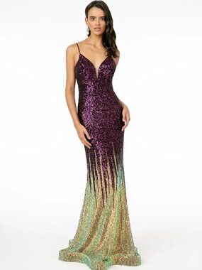 NEW EGGPLANT Sequin V-Neck Evening Gown Formal Elegant Stunning GL2899